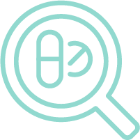 An icon of a magnifying glass with a pill in the center